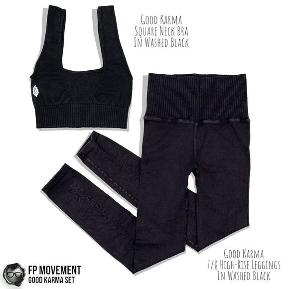 FP MOVEMENT GOOD KARMA SET: SQUARE NECK BRA + HIGH-RISE LEGGINGS IN WASHED BLACK - Picture 1 of 16